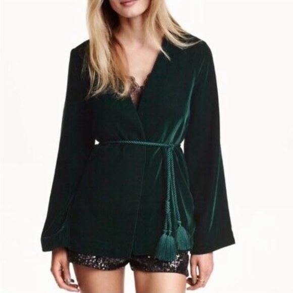 H&M] Blackish Green Velvet Tassel belt Open front wrap Jacket - Picture 3 of 10